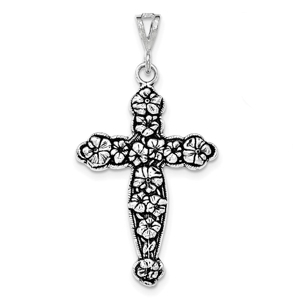 Sterling Silver Antiqued & Textured Large Floral Cross Pendant