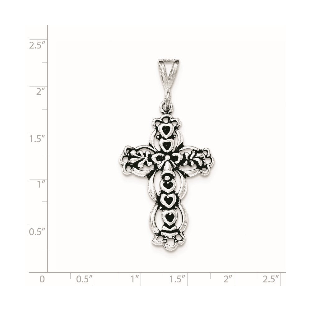Sterling Silver Antiqued & Textured Hearts on Cross Pendant