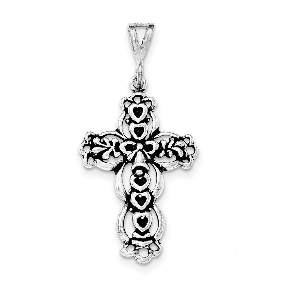 Sterling Silver Antiqued & Textured Hearts on Cross Pendant