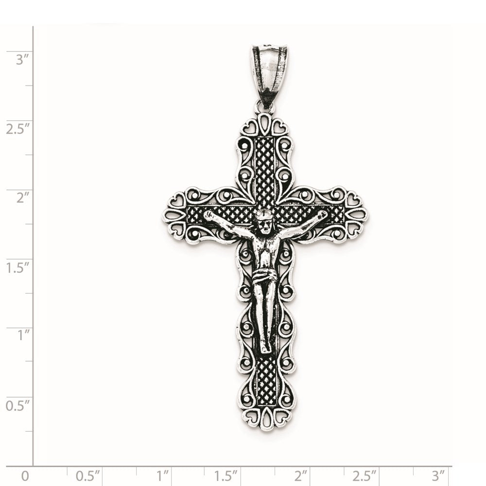 Sterling Silver Antiqued & Textured Large Floral Cross w/Jesus Pendant
