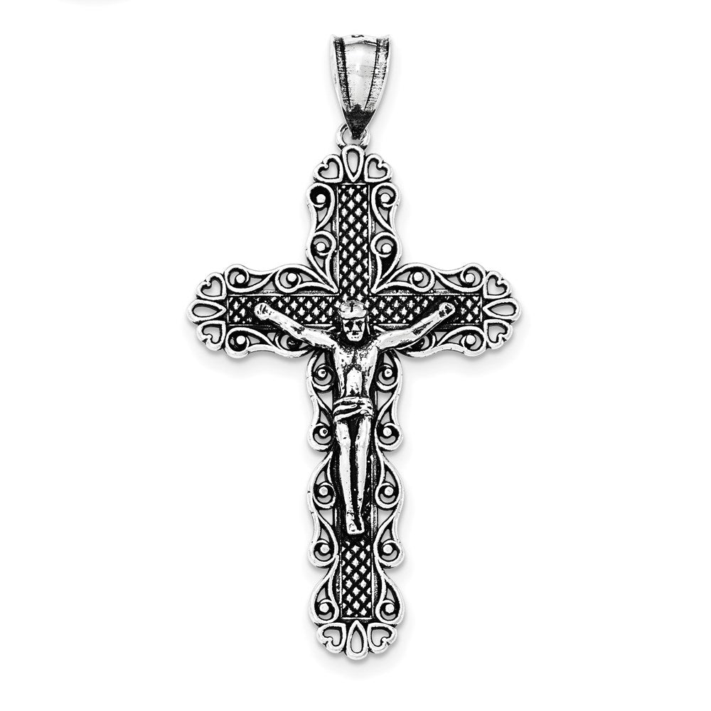 Sterling Silver Antiqued & Textured Large Floral Cross w/Jesus Pendant