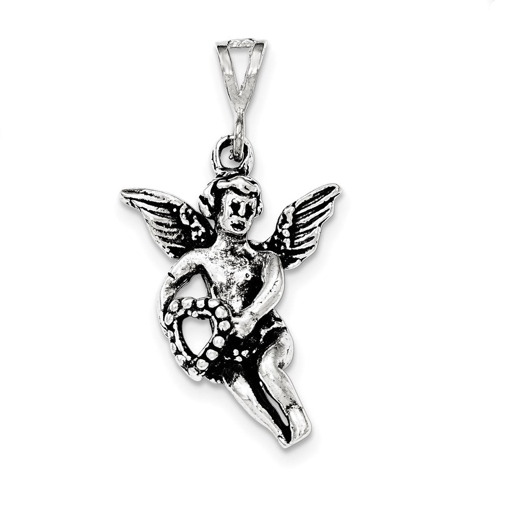 Sterling Silver Antiqued & Textured Flying Angel w/Heart Pendant