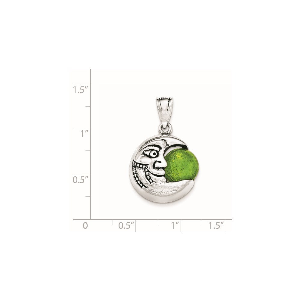 Sterling Silver Antiqued Half Moon with Face & Green Stone Pendant