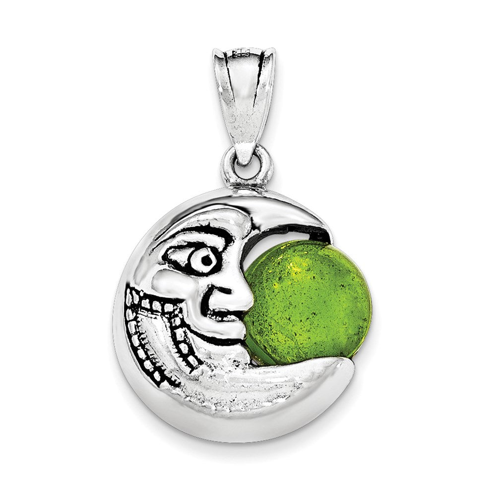 Sterling Silver Antiqued Half Moon with Face & Green Stone Pendant