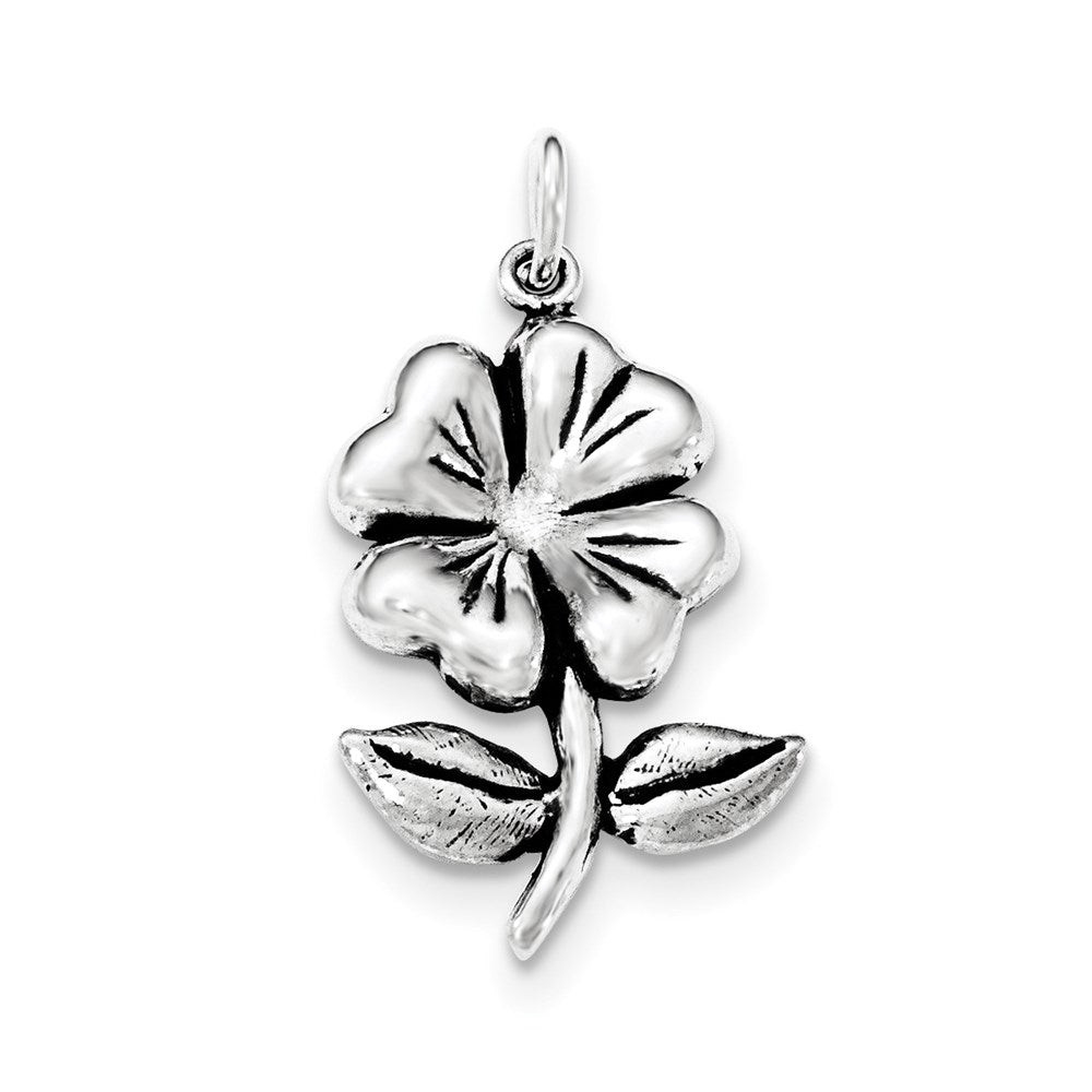 Sterling Silver Antiqued Flower on Stem w/leaves Pendant