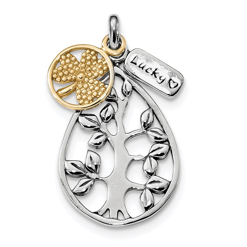 Sterling Silver Rhodium & Gold-tone Tree, Lucky & Clover Pendant