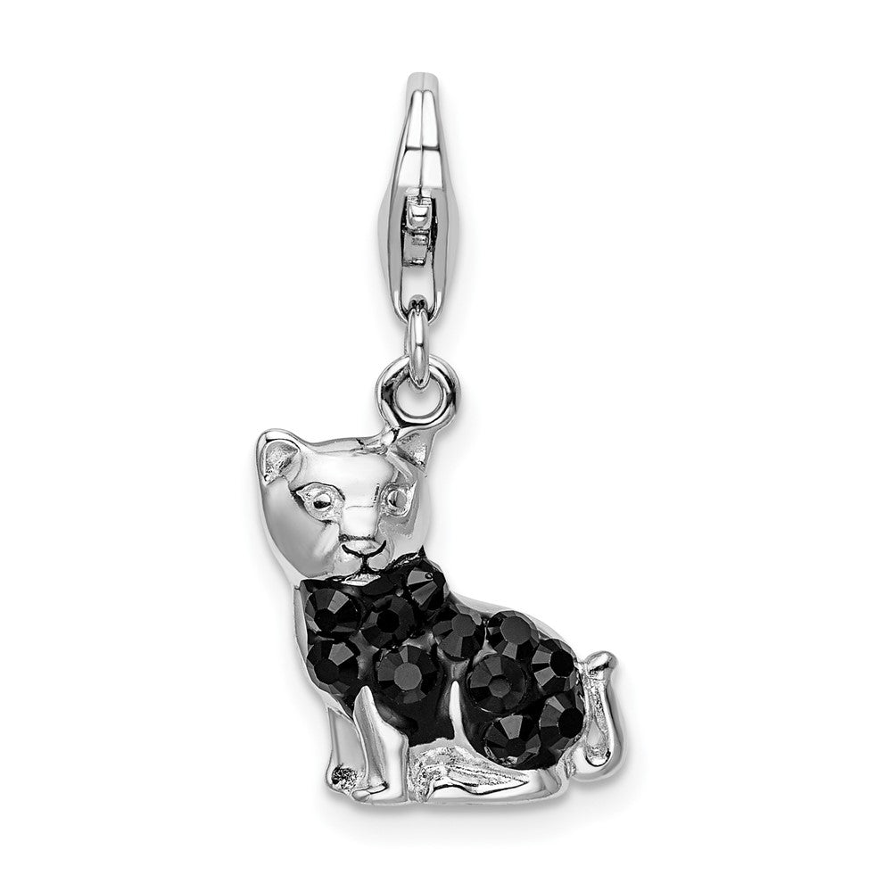 Sterling Silver Amore La Vita Rhod-pl Enameled Crystal Black Cat Charm