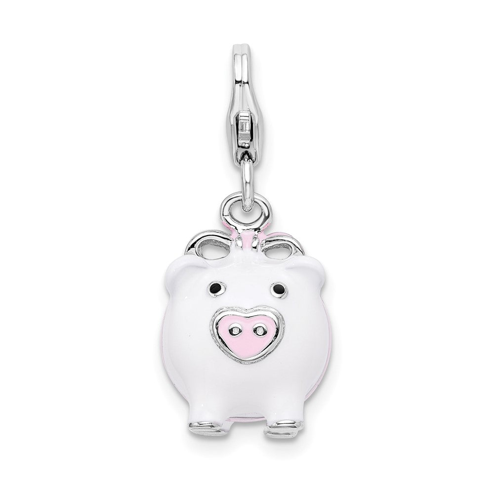 Sterling Silver Amore La Vita Rhodium-pl Polished 3-D Enameled Pig Charm