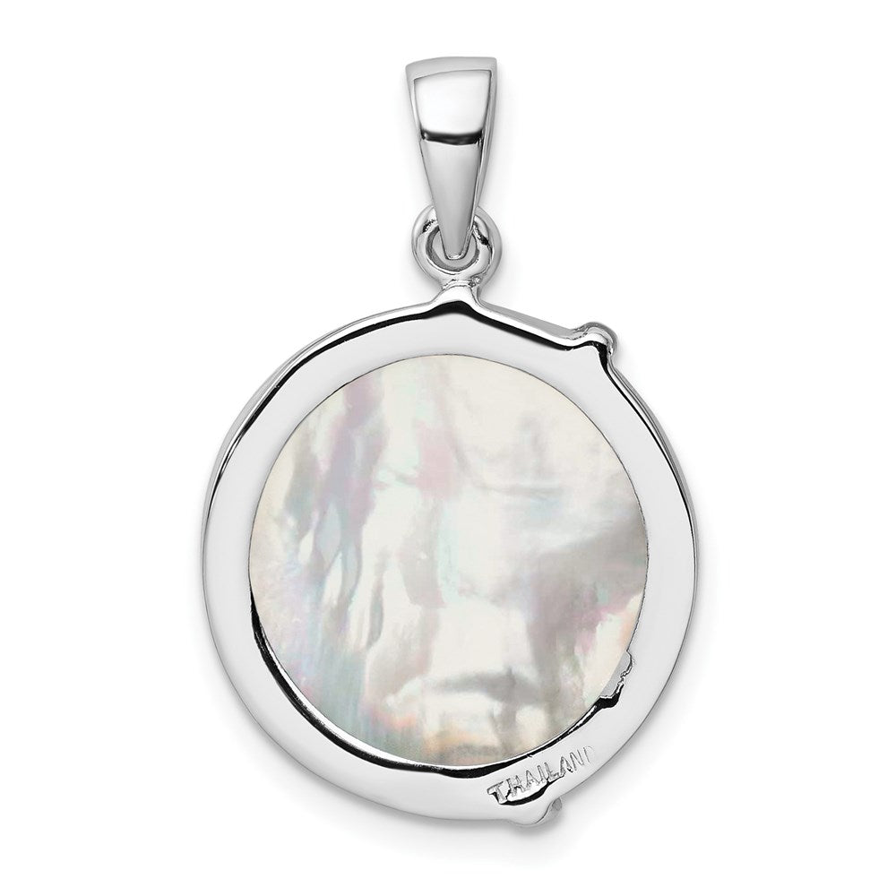 Sterling Silver Rhodium-plated MOP Palm Tree Round Pendant
