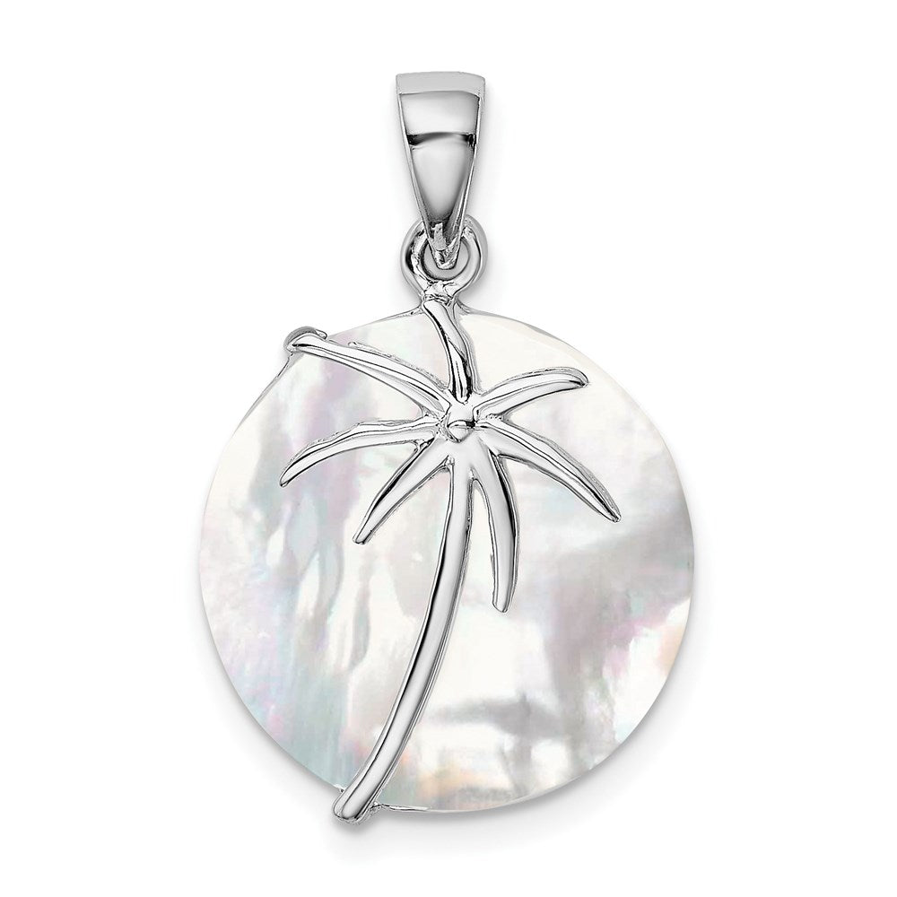 Sterling Silver Rhodium-plated MOP Palm Tree Round Pendant