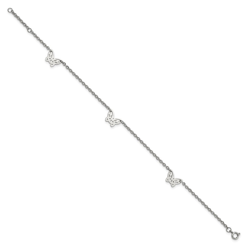 Stainless Steel Polished Butterfly Charms w/1in ext. 9.5in Anklet