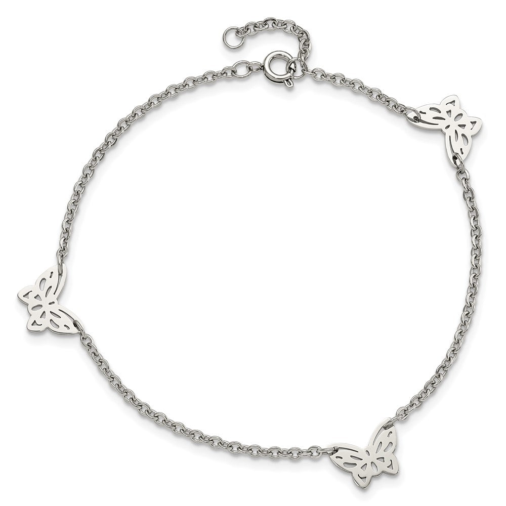 Stainless Steel Polished Butterfly Charms w/1in ext. 9.5in Anklet