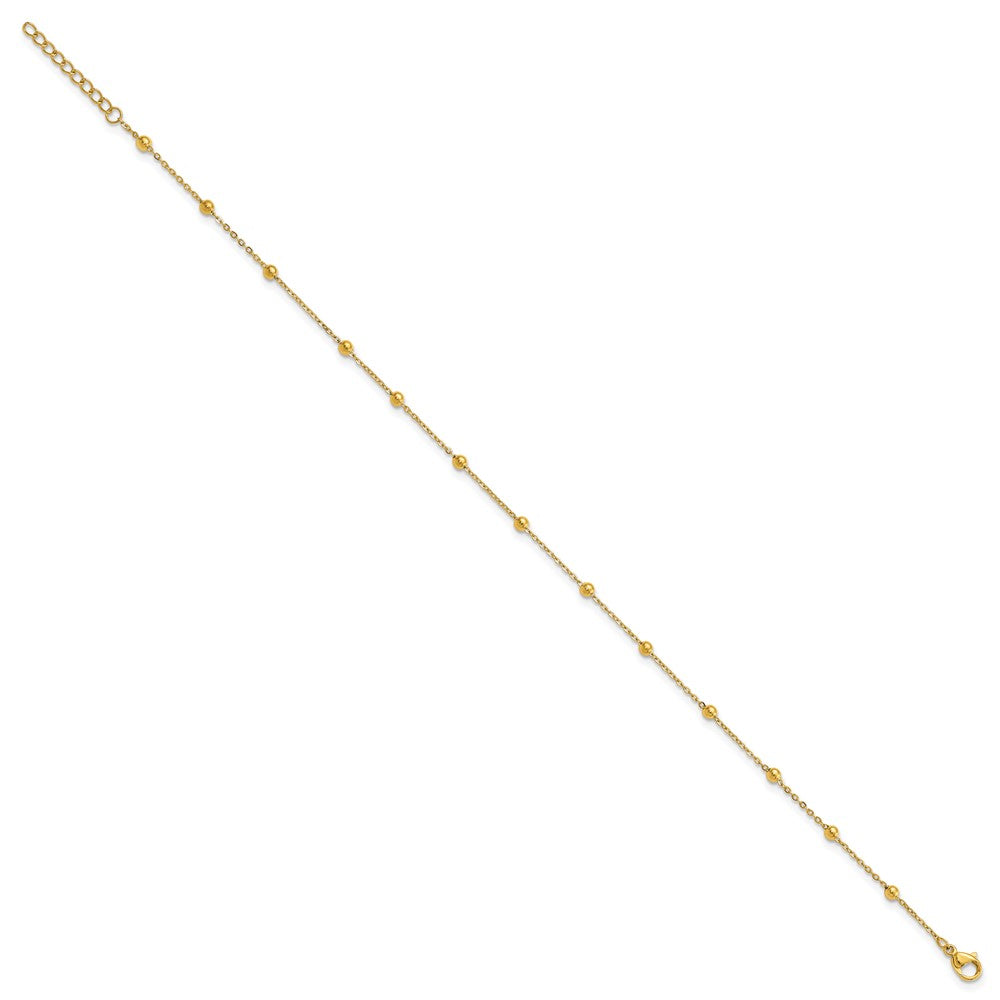 Stainless Steel Polished Yellow IP Beaded 9.5in w/1in ext. Anklet