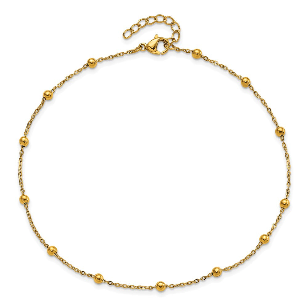 Stainless Steel Polished Yellow IP Beaded 9.5in w/1in ext. Anklet