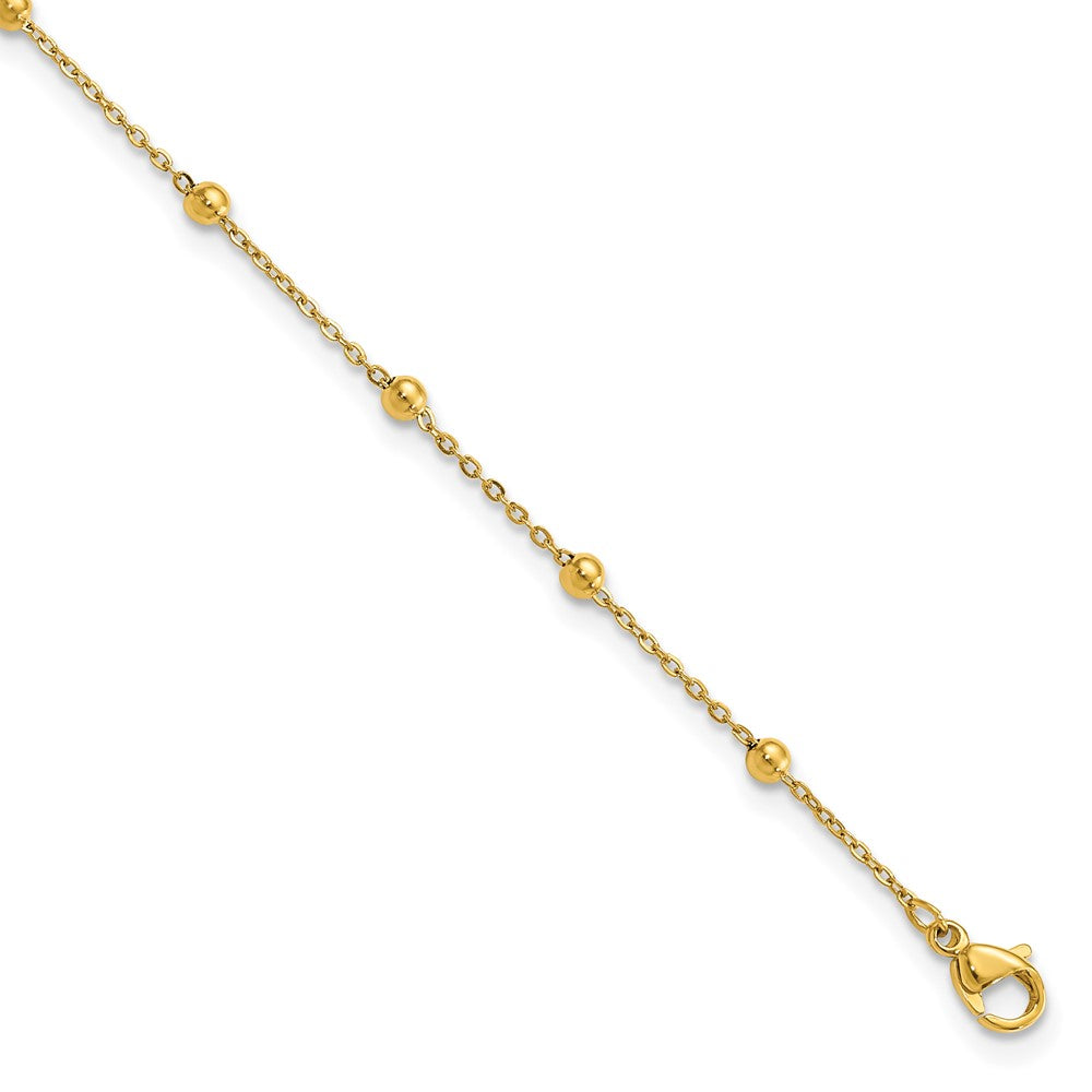 Stainless Steel Polished Yellow IP Beaded 9.5in w/1in ext. Anklet