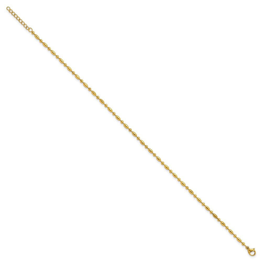 Stainless Steel Polished Yellow IP Fancy Beaded 9.5in w/1in ext. Anklet