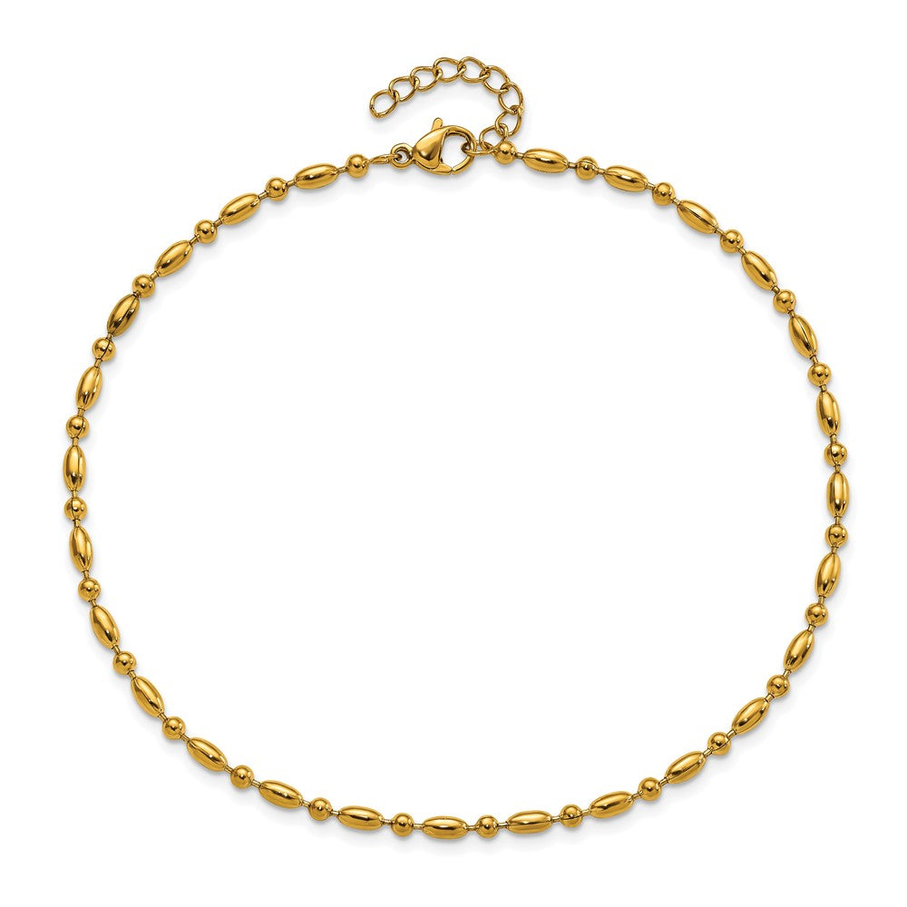 Stainless Steel Polished Yellow IP Fancy Beaded 9.5in w/1in ext. Anklet