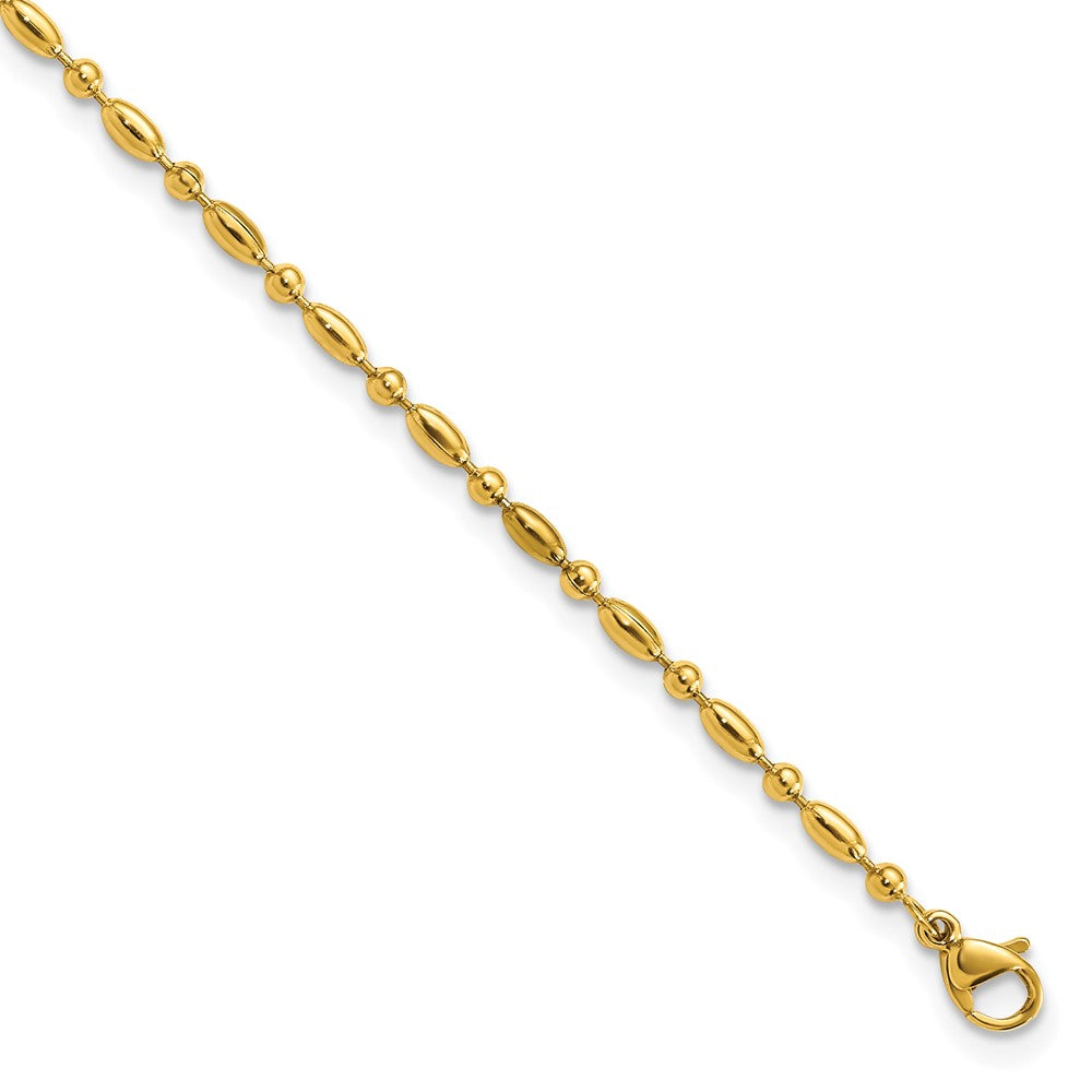 Stainless Steel Polished Yellow IP Fancy Beaded 9.5in w/1in ext. Anklet