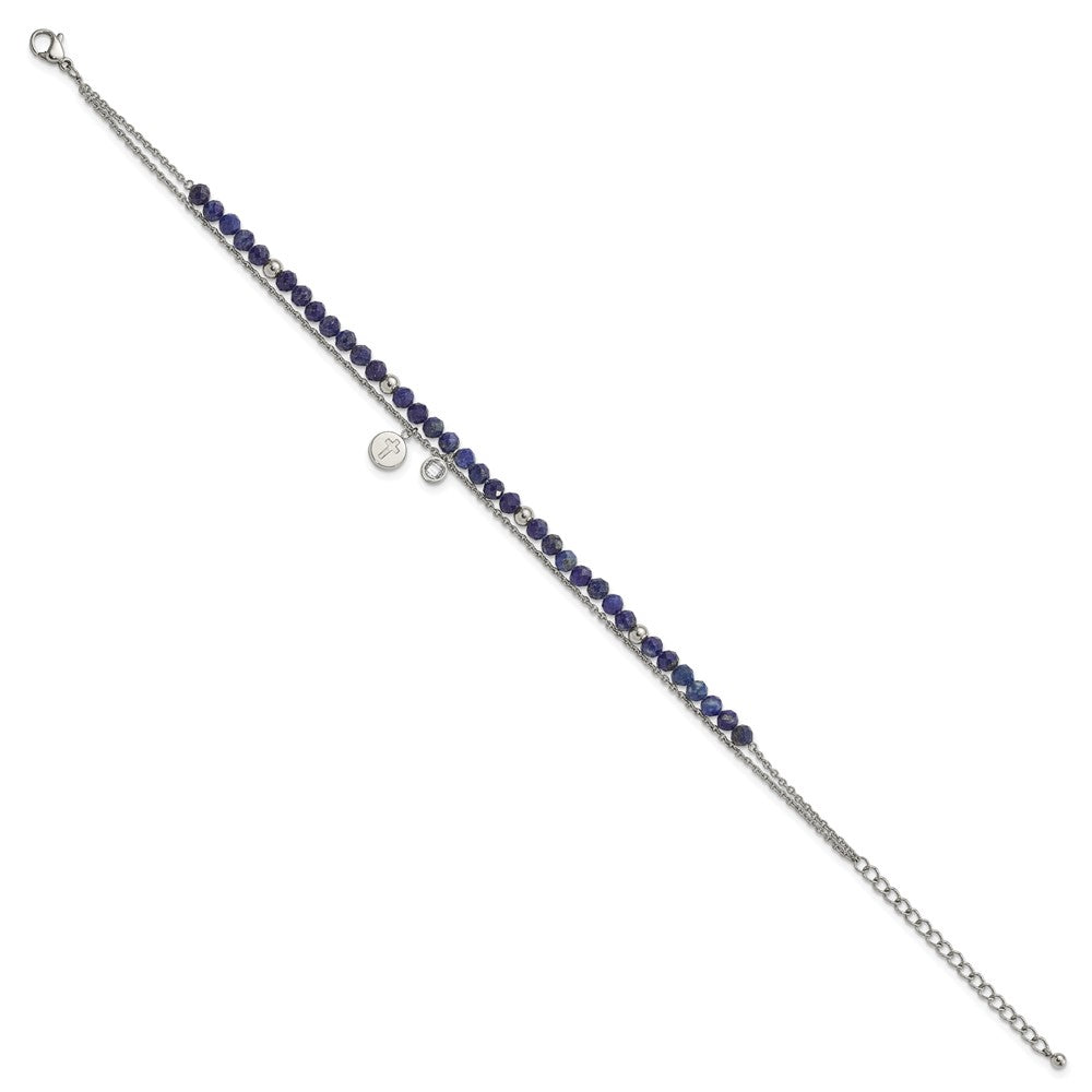 Stainless Steel Polished 2-Strand Lapis & Crystal Cross w/2in ext. 9in Ankl