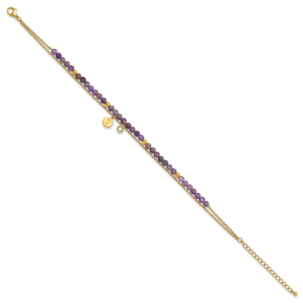 Stainless Steel Polished Yellow IP Amethyst & Crystal w/2in ext. 9in Anklet