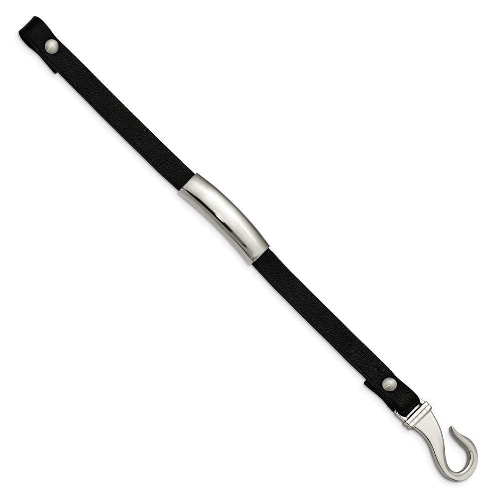 Stainless Steel Polished Black Leather 8.5in ID Bracelet