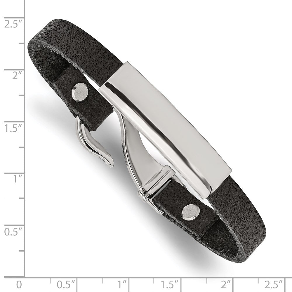 Stainless Steel Polished Black Leather 8.5in ID Bracelet