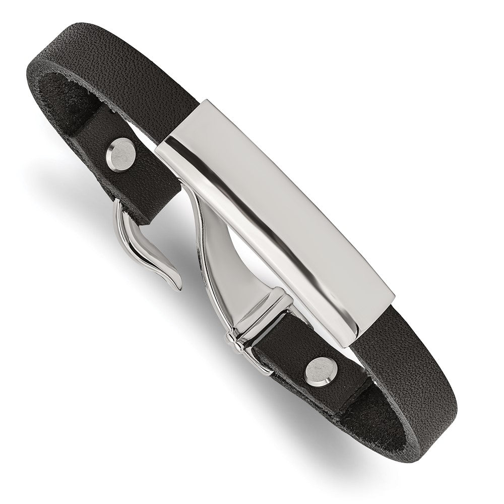 Stainless Steel Polished Black Leather 8.5in ID Bracelet
