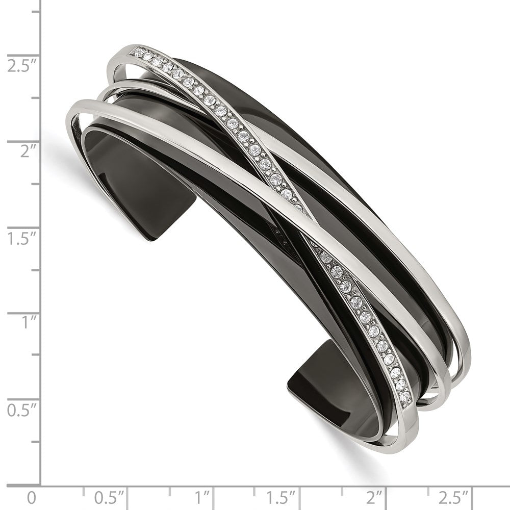 Stainless Steel Polished Black IP-plated w/Swarovski Layered Cuff Bangle