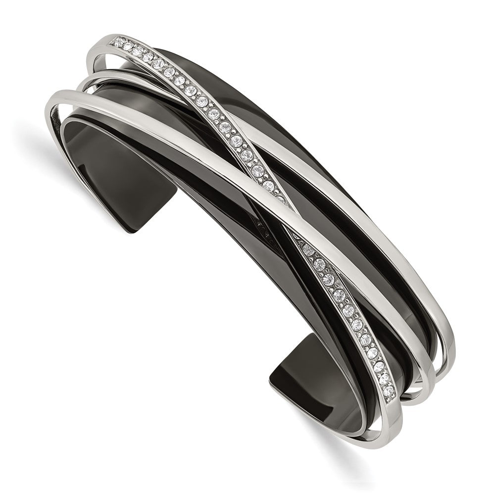 Stainless Steel Polished Black IP-plated w/Swarovski Layered Cuff Bangle