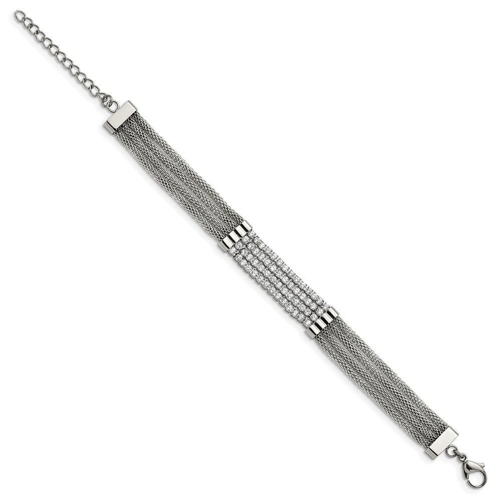 Stainless Steel Polished w/CZ Multi Strand 6.5in w/1.5in ext. Bracelet