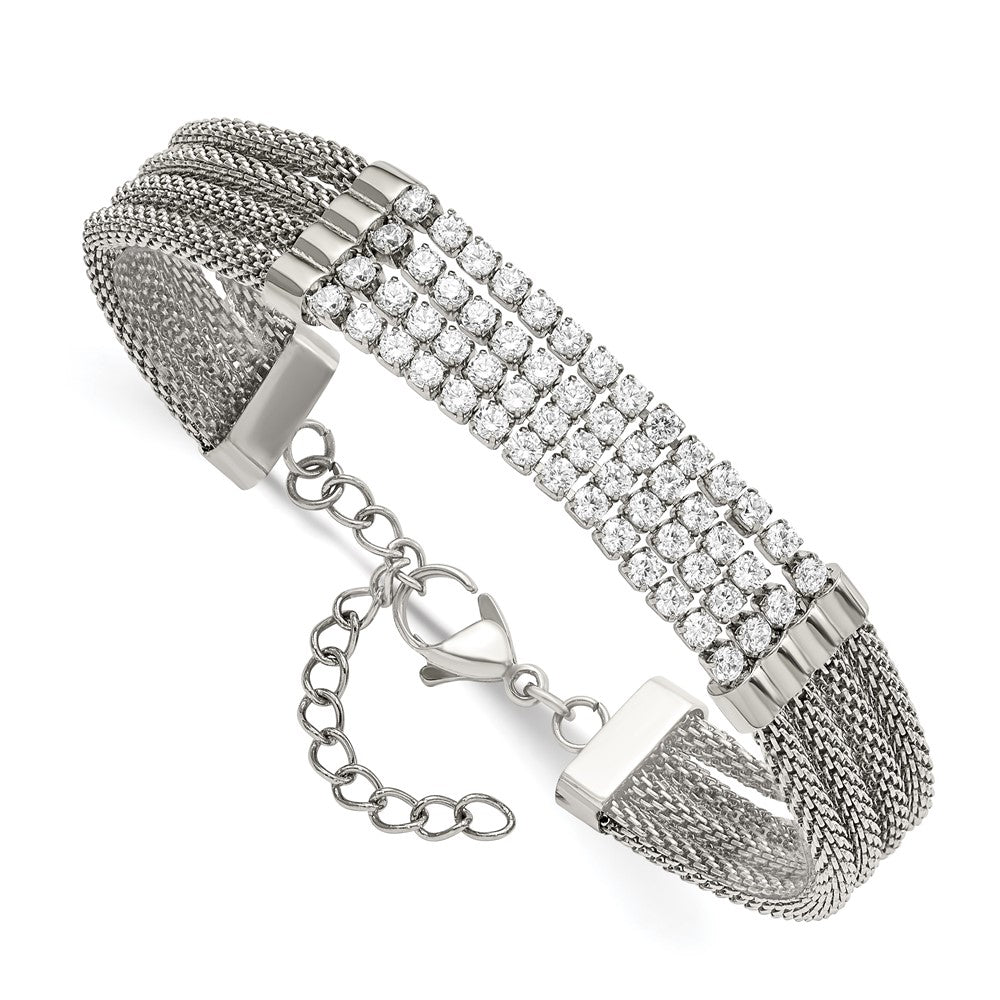 Stainless Steel Polished w/CZ Multi Strand 6.5in w/1.5in ext. Bracelet