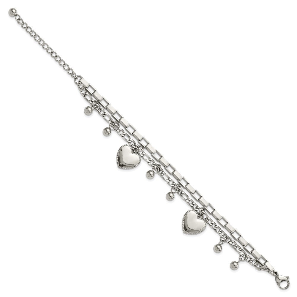 Stainless Steel Polished Hearts and Beads 7in w/2in ext. Bracelet