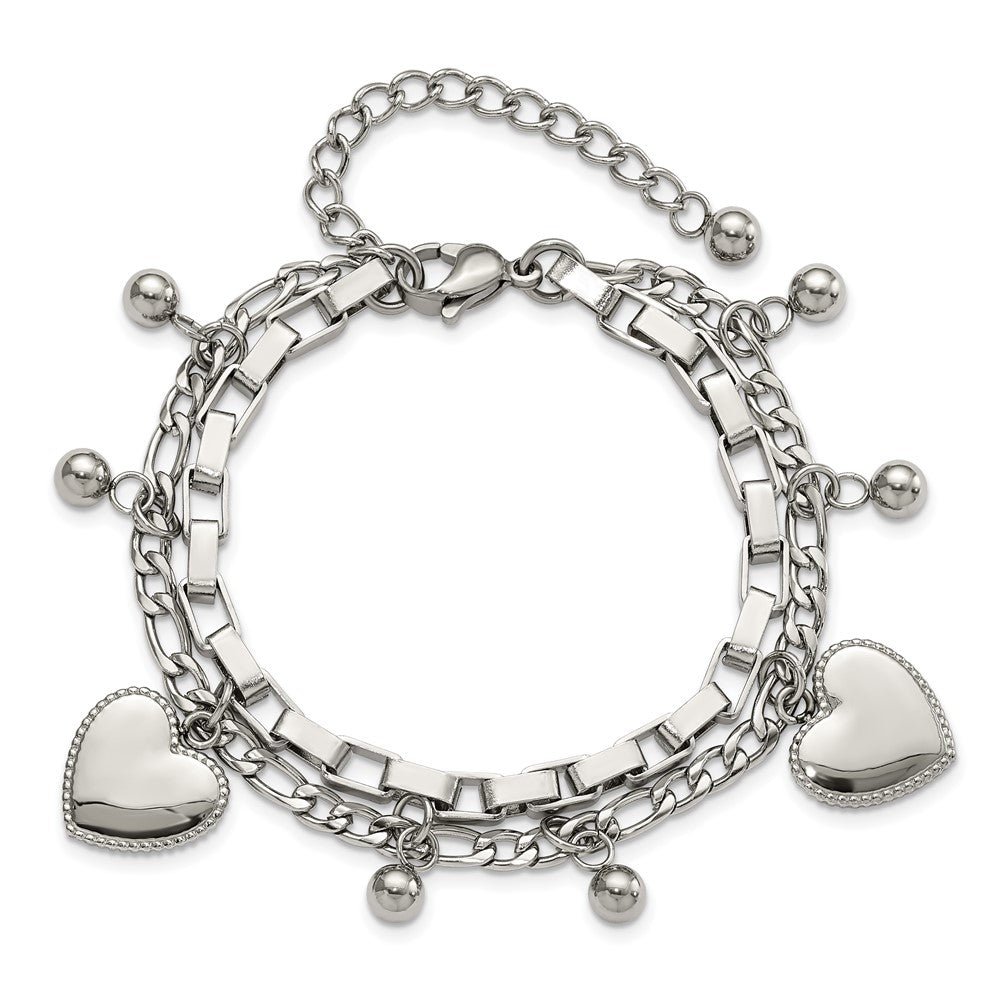 Stainless Steel Polished Hearts and Beads 7in w/2in ext. Bracelet