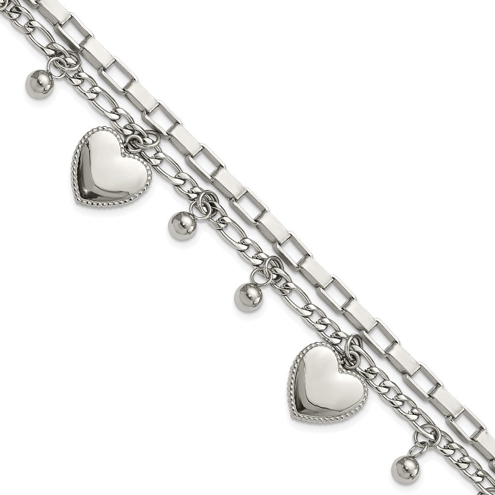 Stainless Steel Polished Hearts and Beads 7in w/2in ext. Bracelet