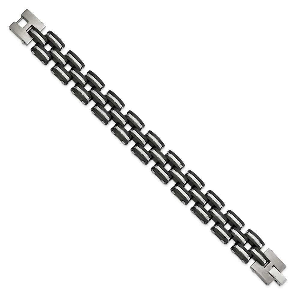 Stainless Steel Brushed and Polished Black Rubber 8in Bracelet
