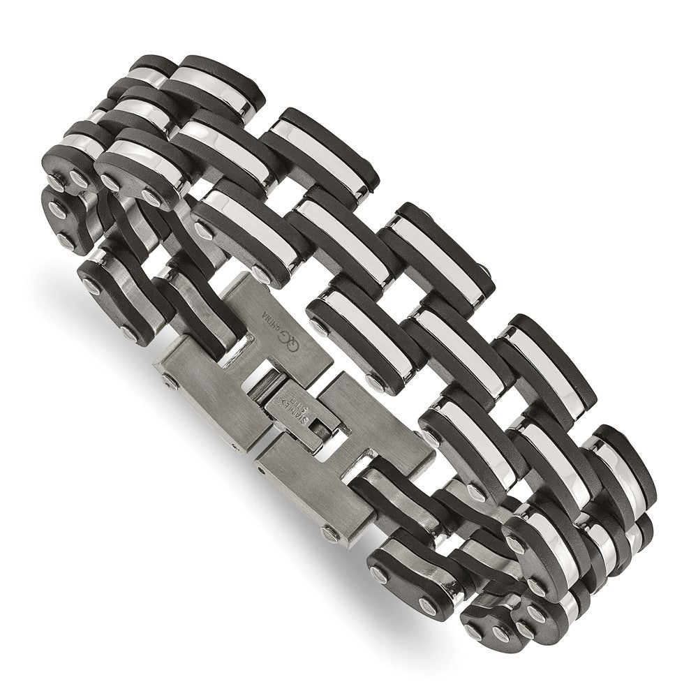 Stainless Steel Brushed and Polished Black Rubber 8in Bracelet