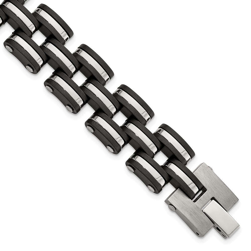 Stainless Steel Brushed and Polished Black Rubber 8in Bracelet