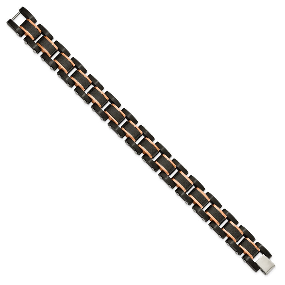 Stainless Steel Brushed Polished Black/Rose IP Carbon Fiber 8.5in Bracelet