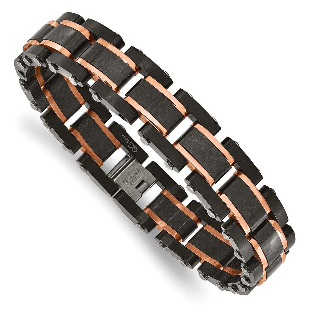 Stainless Steel Brushed Polished Black/Rose IP Carbon Fiber 8.5in Bracelet