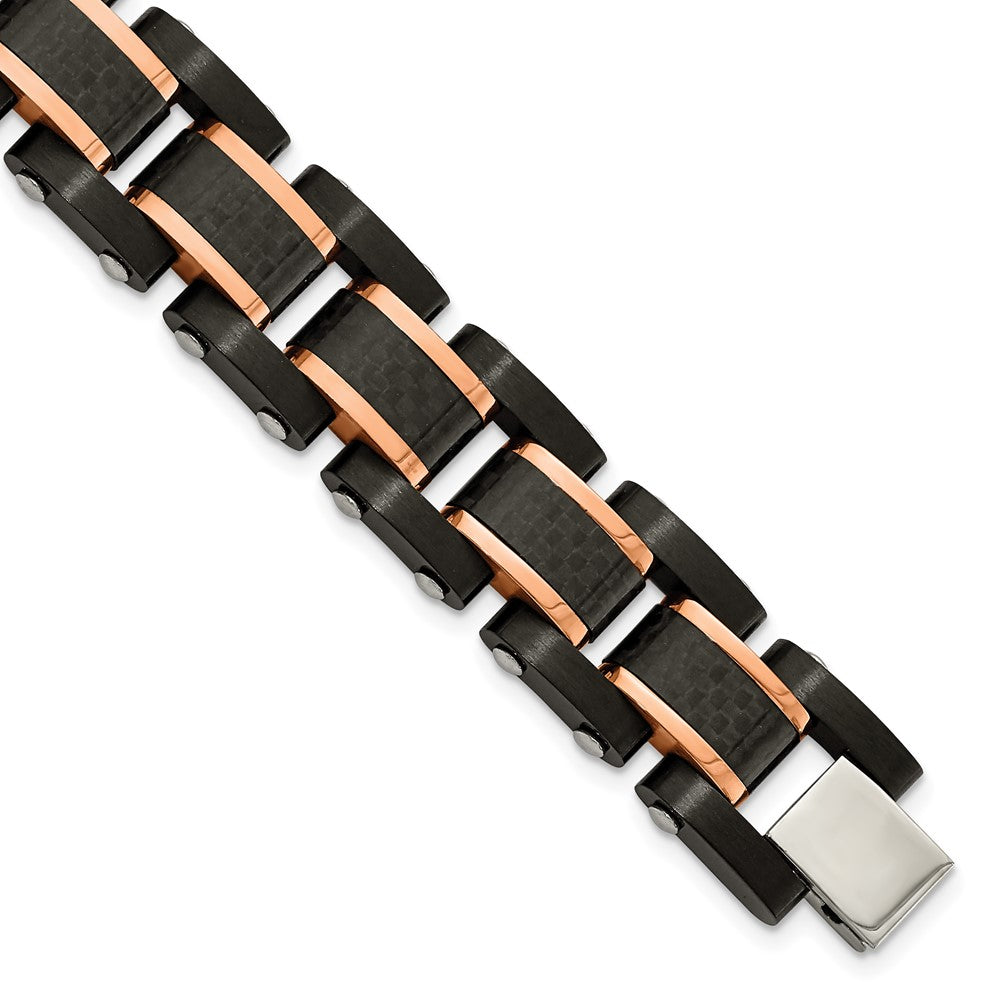 Stainless Steel Brushed Polished Black/Rose IP Carbon Fiber 8.5in Bracelet