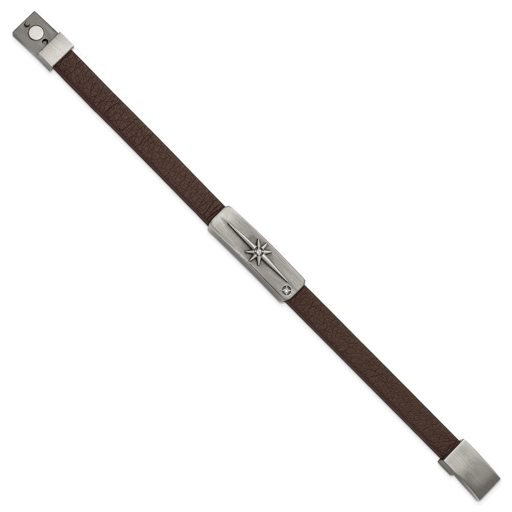 Stainless Steel Antiqued Bronze-plated w/CZ Cross Leather Bracelet