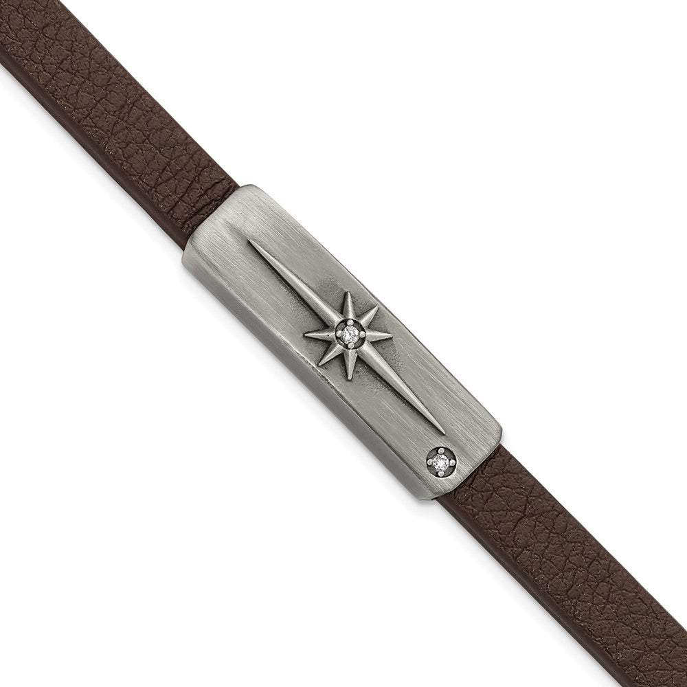 Stainless Steel Antiqued Bronze-plated w/CZ Cross Leather Bracelet