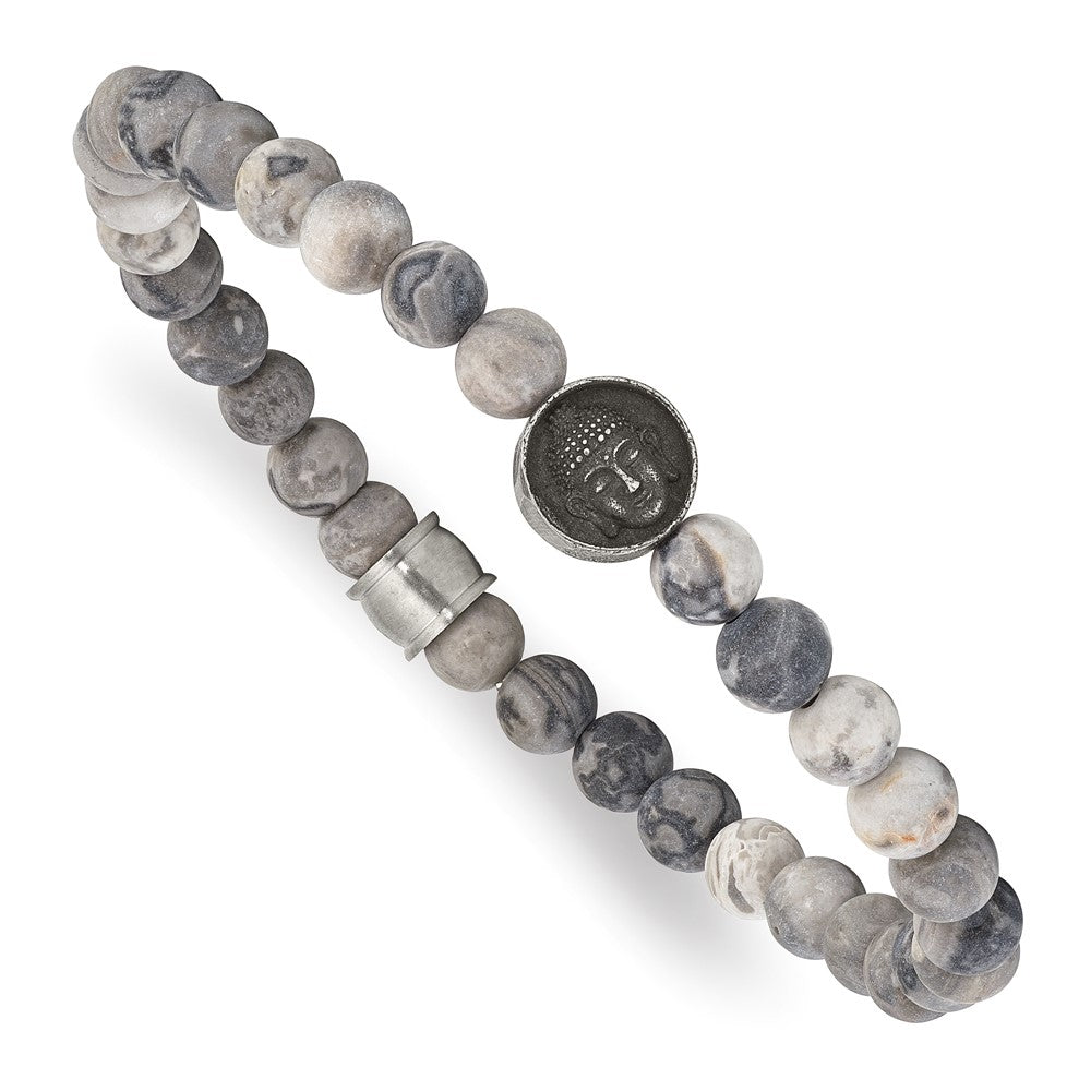 Stainless Steel Brushed Antiqued Map Stone Buddha Stretch Bracelet