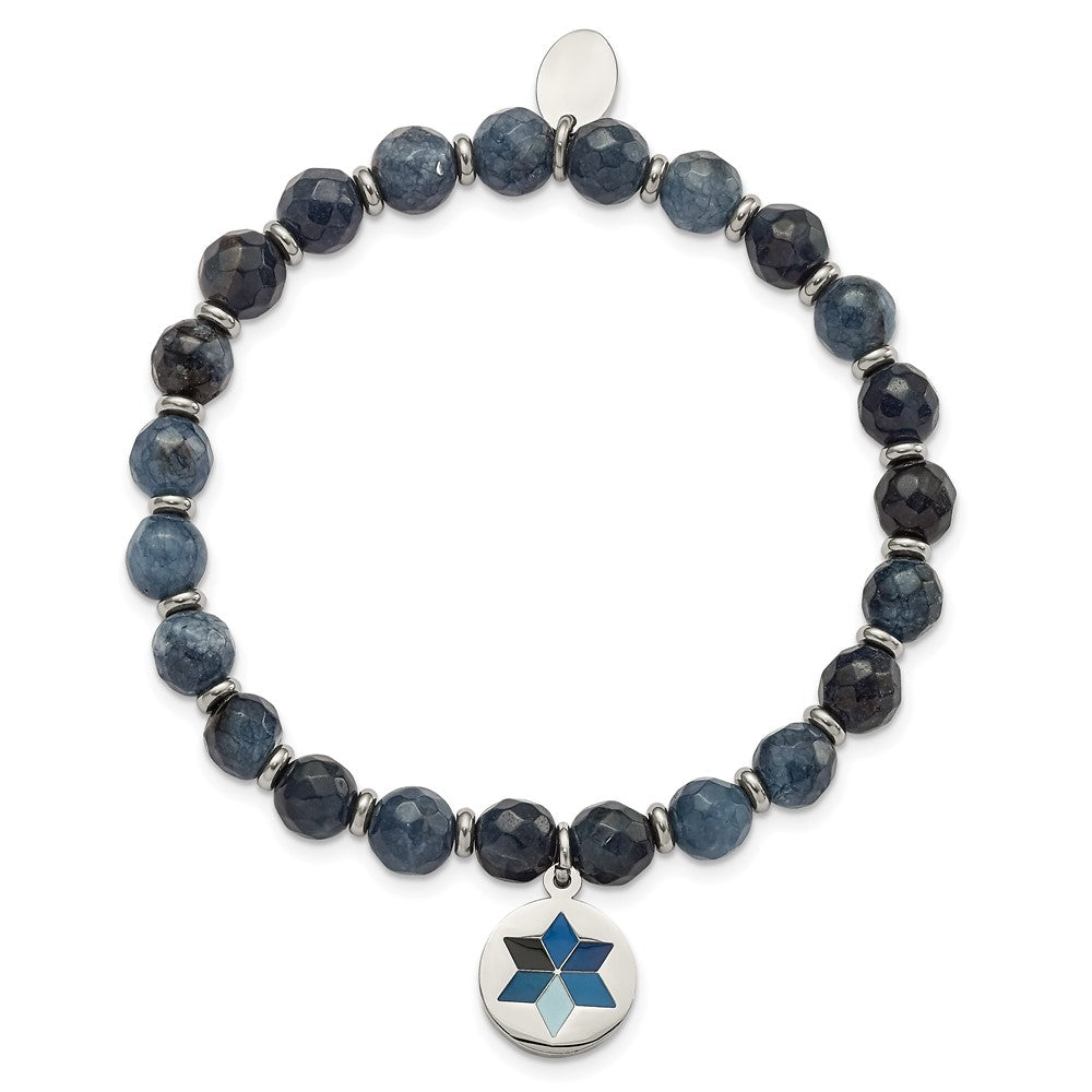 Stainless Steel Polished Enameled Flower Blue Jade Stretch Bracelet