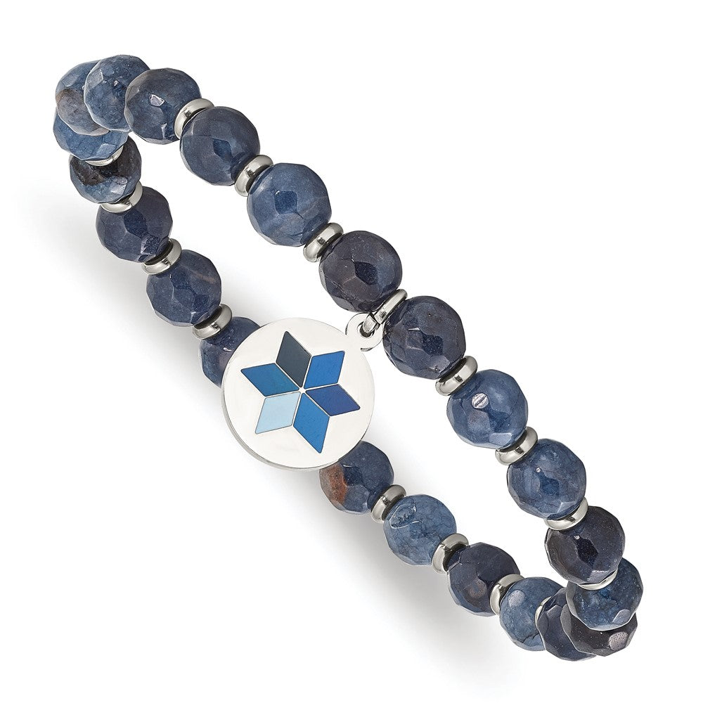 Stainless Steel Polished Enameled Flower Blue Jade Stretch Bracelet