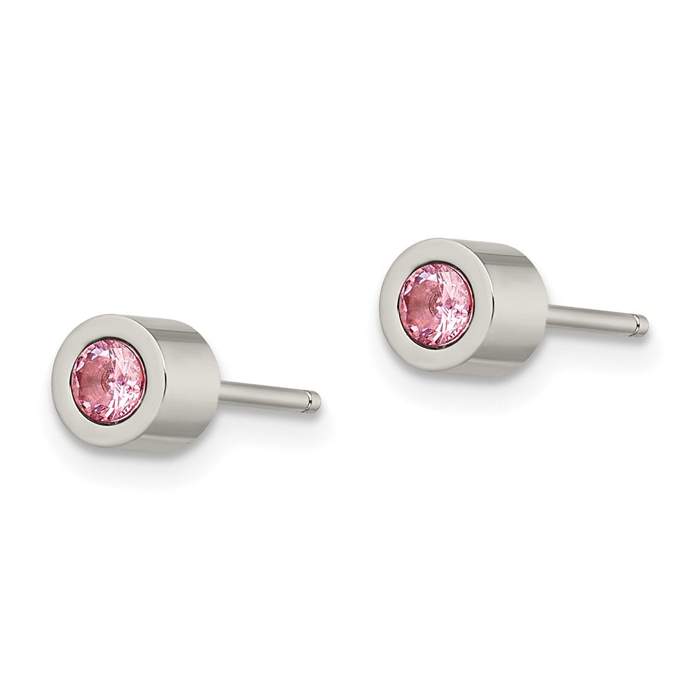 Stainless Steel Polished Pink CZ Oct Birthstone Post Earrings