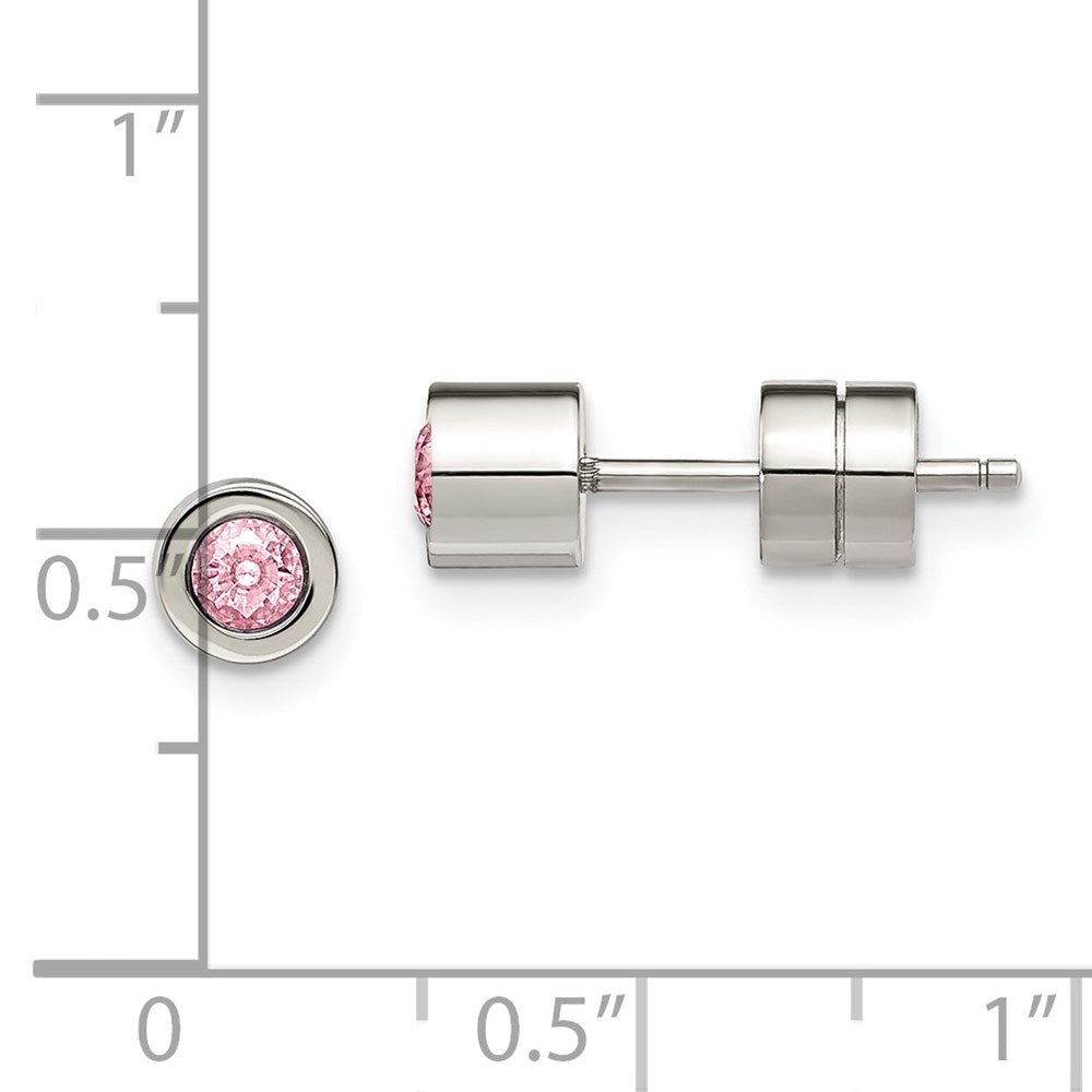 Stainless Steel Polished Pink CZ Oct Birthstone Post Earrings