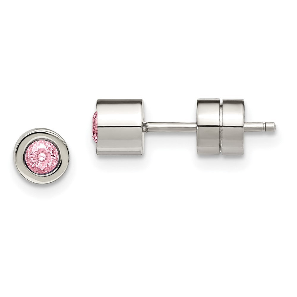 Stainless Steel Polished Pink CZ Oct Birthstone Post Earrings