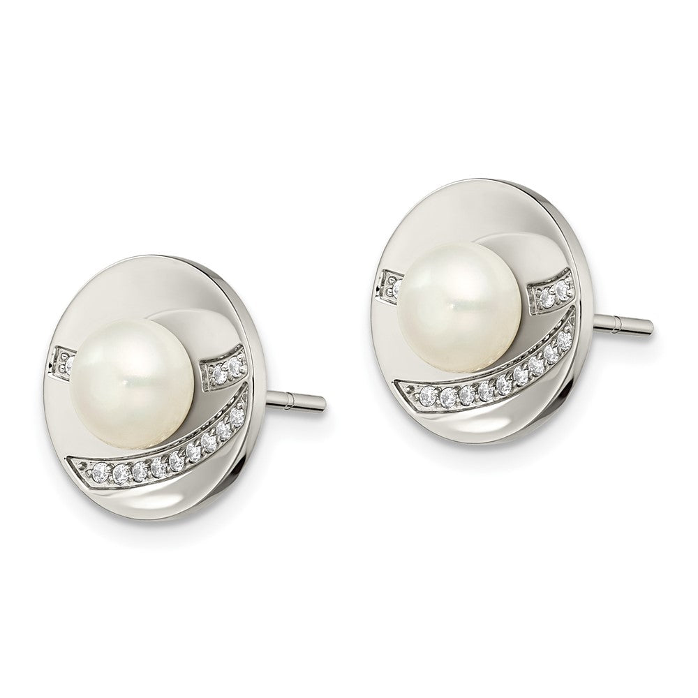 Stainless Steel Polished CZ and FWC Pearl Post Earrings
