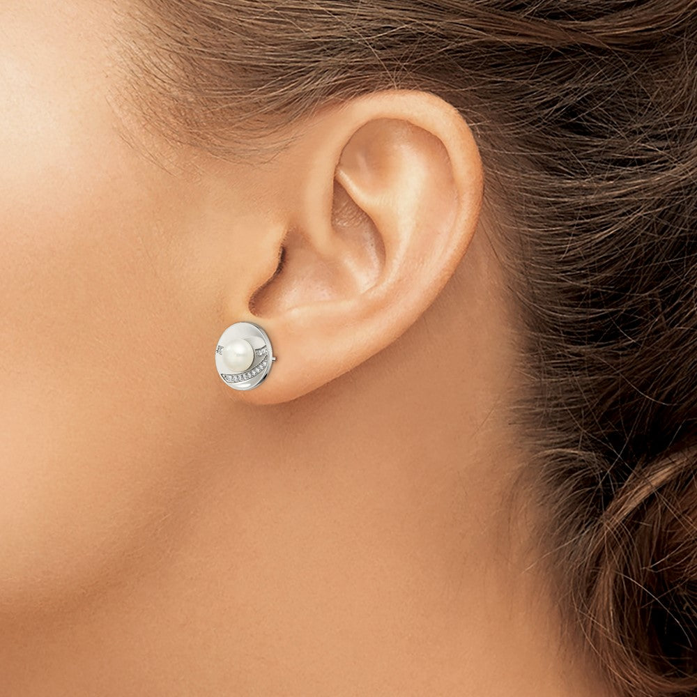 Stainless Steel Polished CZ and FWC Pearl Post Earrings
